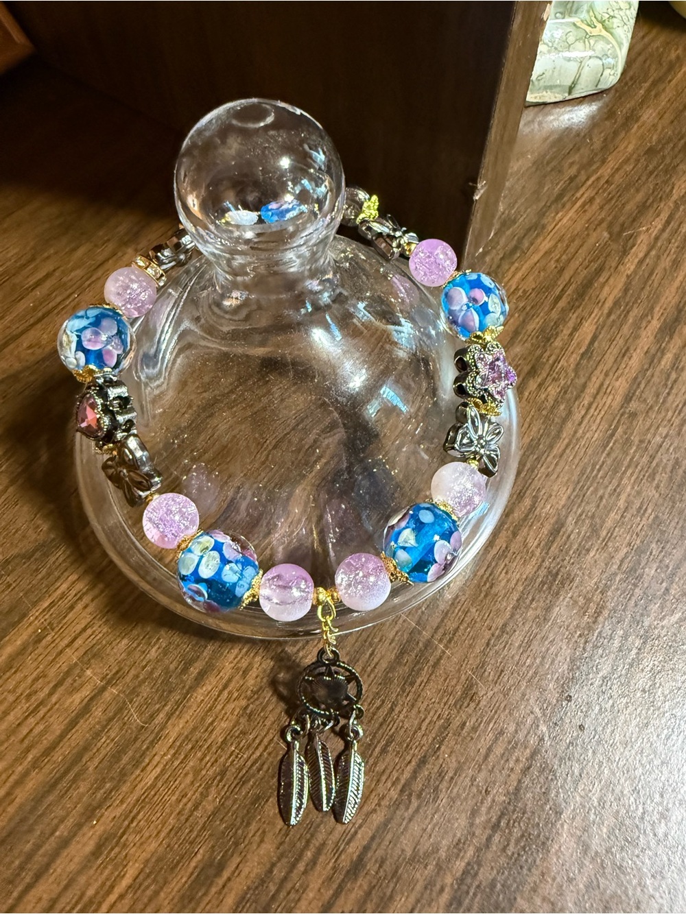 Handcrafted Blue & Pink Beaded Dreamcatcher Charm Bracelet